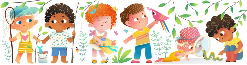 Children Boys And Girls Explore And Study Nature