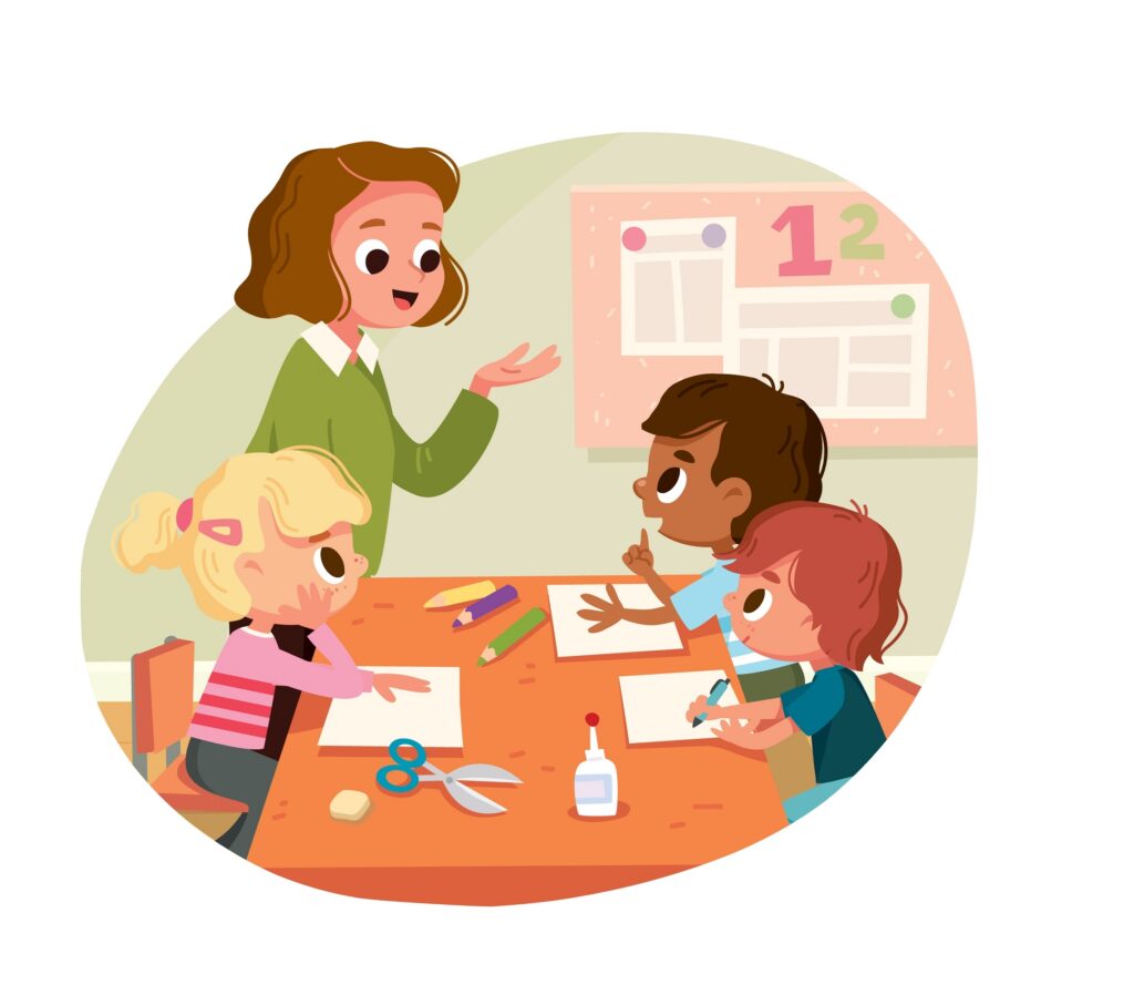 Young pupils actively engaged in a classroom environment, representing early childhood education and kindergarten readiness.